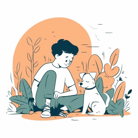 Vector illustration of a boy sitting with his dog in the park.