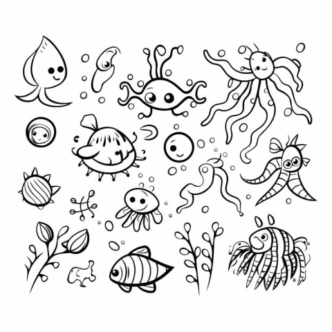 Set of vector hand drawn doodle underwater animals and plants.