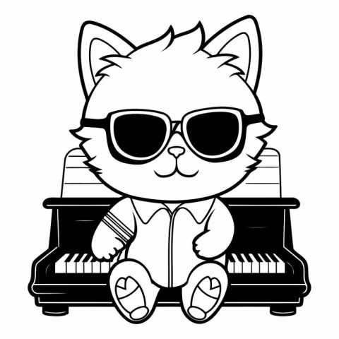 cute little cat with sunglasses sitting on the piano vector illu