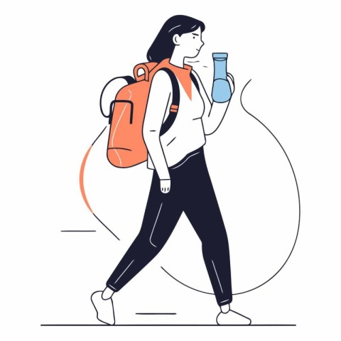 Vector illustration of a young woman walking with a backpack and