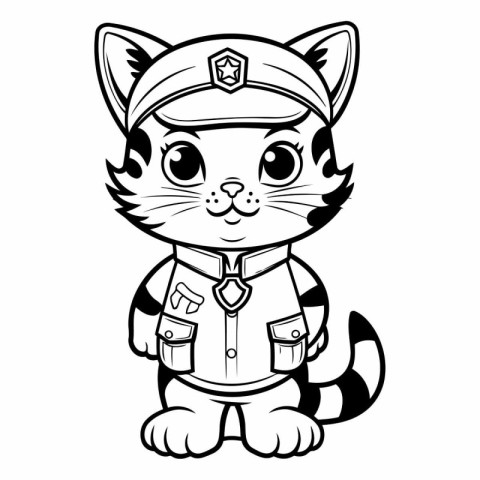 Black and White Cartoon Illustration of Cute Cat Police Officer