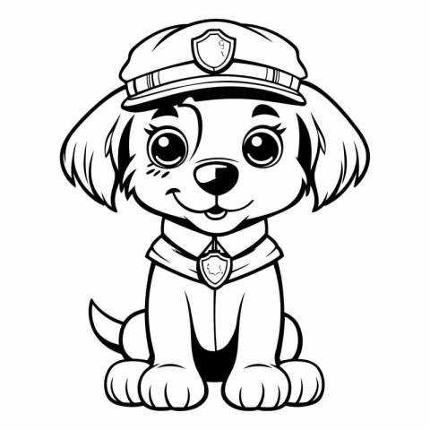 Cute Dog Policeman - Black and White Cartoon Illustration. Vecto