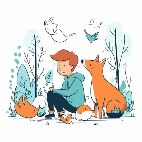 Vector illustration of a boy playing with foxes in the park.