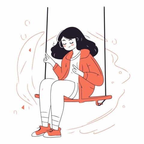 Vector illustration of a girl in a red coat on a swing.