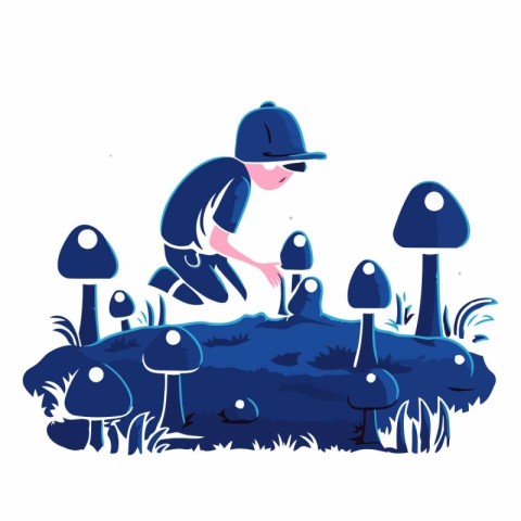 Vector illustration of a boy collecting mushrooms in the forest.