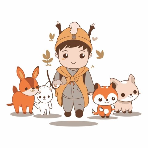 cute little boy in winter clothes with pets cartoon vector illus