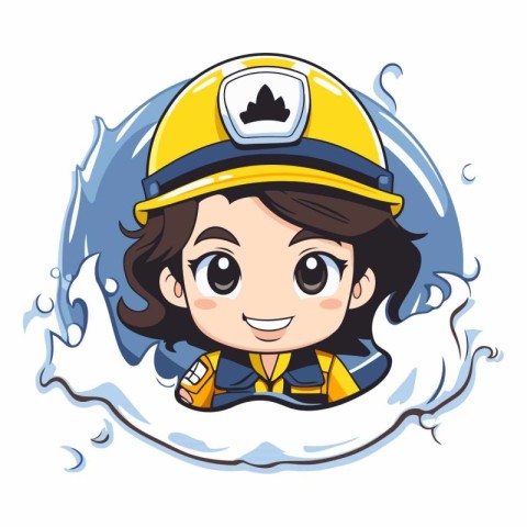 Cute cartoon girl firefighter in uniform and helmet.