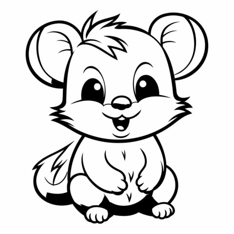 Cute Little Mouse - Black and White Cartoon Illustration. Vector