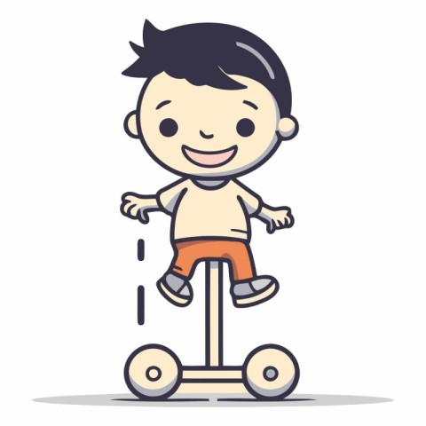 Cute boy riding on a scooter in cartoon style.