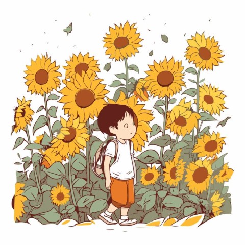 cute little boy with sunflowers cartoon vector illustration grap