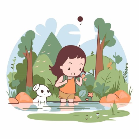 Little girl playing with dog in the park. Cute cartoon vector il