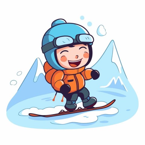 Cute little boy skiing in the mountains. Cartoon vector illustra