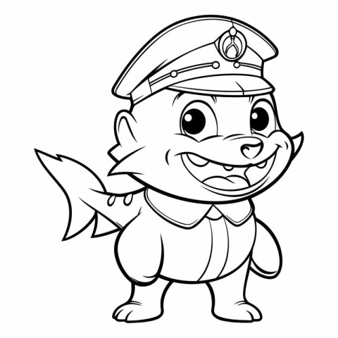 Black and White Cartoon Illustration of Cute Little Fish Captain