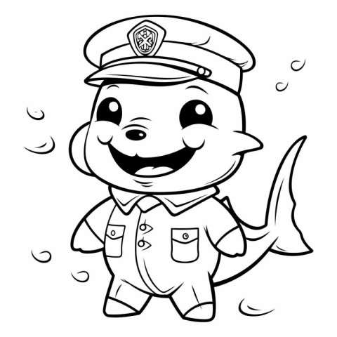 Black and White Cartoon Illustration of Cute Shark Captain Chara