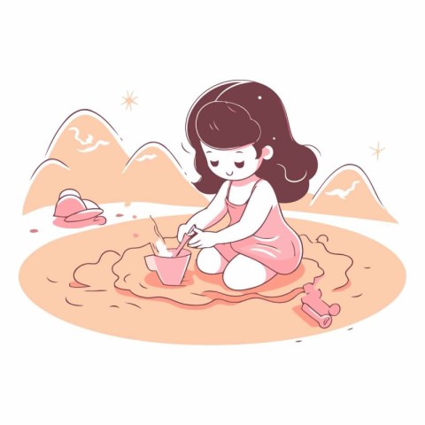 Cute little girl playing with sand in the beach.