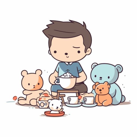 Illustration of a boy having breakfast with his teddy bears.