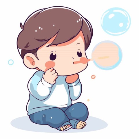 Illustration of a Cute Little Boy Crying and Soap Bubbles