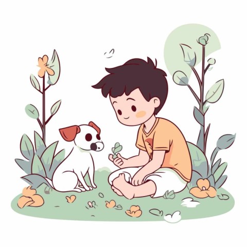 Boy playing with a dog in the garden. vector cartoon illustratio