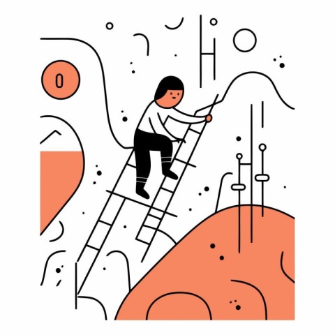 Man climbs the ladder to the top of the mountain. Flat vector il