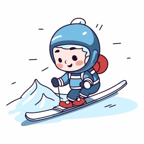 Little boy skiing in the mountains in cartoon style.