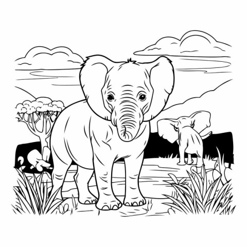 Elephant in the savannah. Black and white vector illustration.