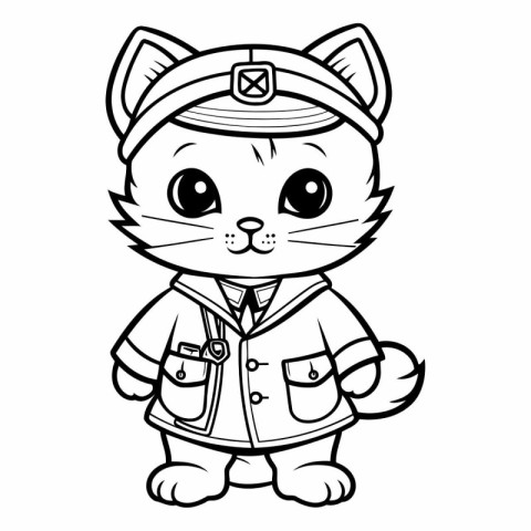 Black and White Cartoon Illustration of Cute Cat Captain Charact