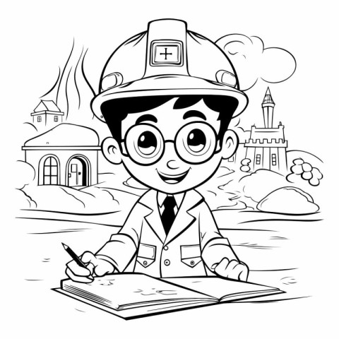 Black and White Cartoon Illustration of Kid Boy Builder Professi