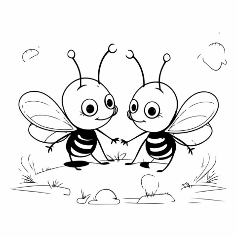 Black and white illustration of cute cartoon bees. Coloring book