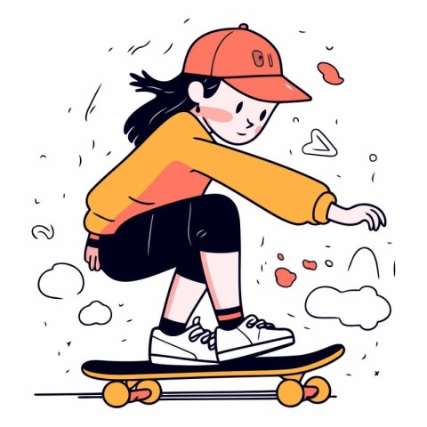 Skateboarding girl in doodle style.