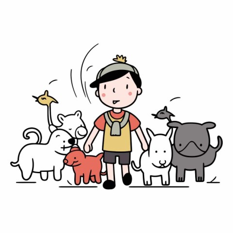 Cute boy playing with pets in cartoon style.