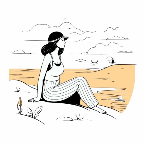 Vector illustration of a beautiful woman sitting on the beach an