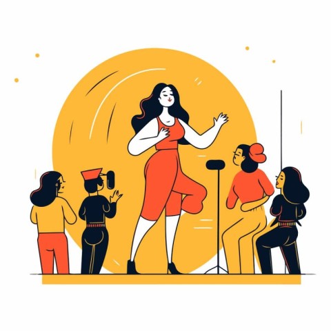 Vector illustration of a girl in a red dress singing a song on s