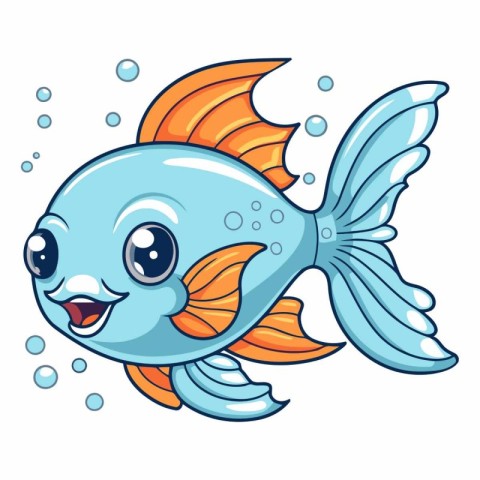 Cute cartoon blue fish isolated on white background.