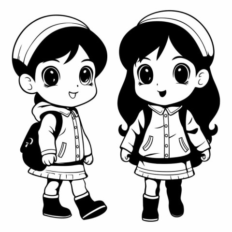 Vector illustration of a cute little girl and boy in school unif