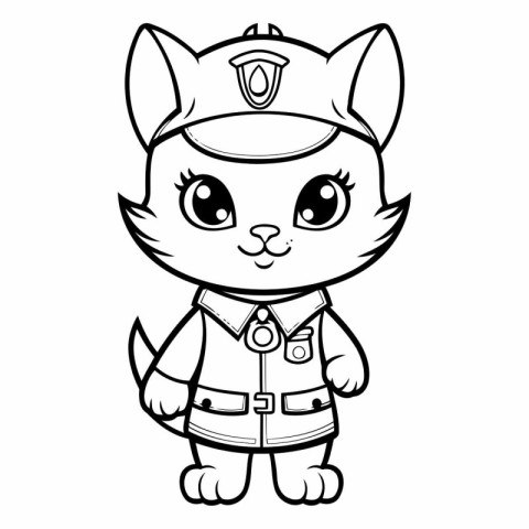 Black and White Cartoon Illustration of Cute Cat Captain Charact