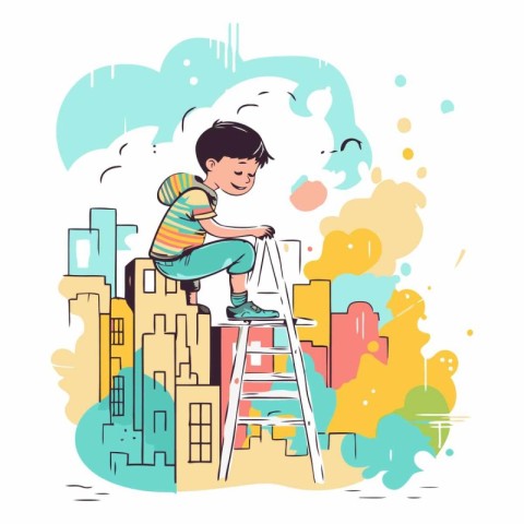 Little boy sitting on a ladder and painting the city