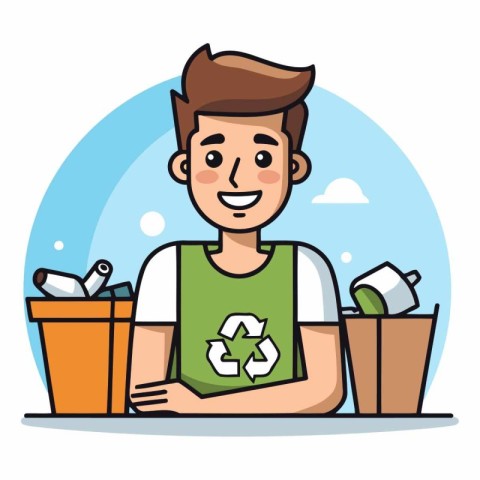 Man volunteer with recycle bin and trash can vector illustration