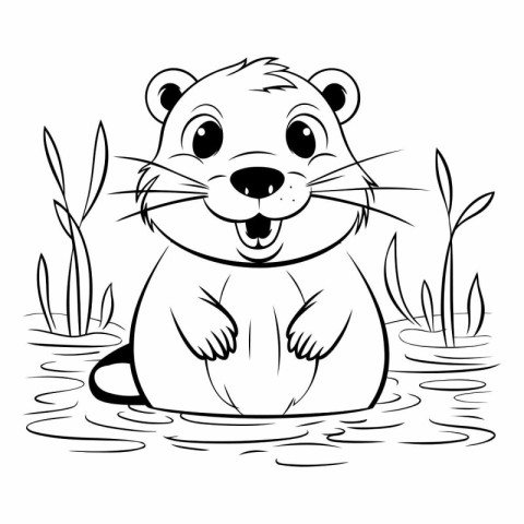 Cute beaver sitting in the water. black and white vector illustr