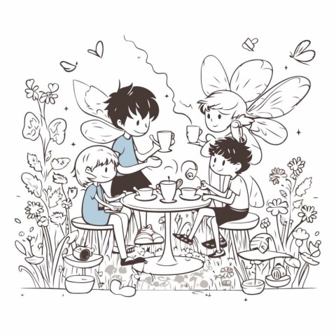 Children drinking tea in the cafe. sketch for your design