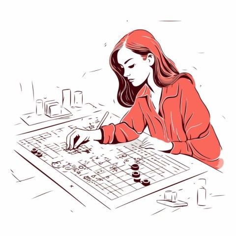 Vector illustration of a young woman playing a board game. Hand