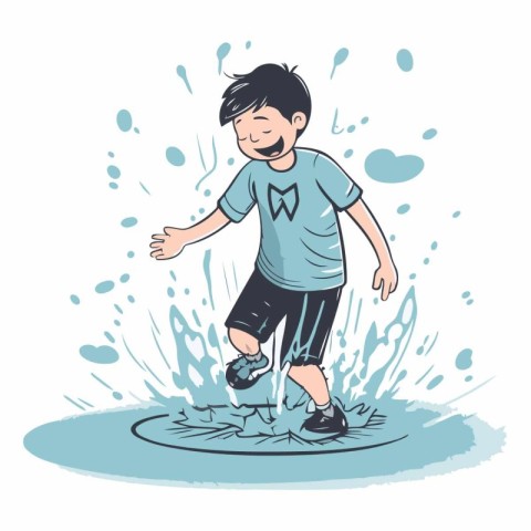 Cartoon boy running in a puddle of water.