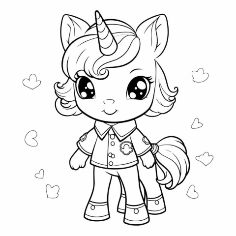 Unicorn girl. Black and white vector illustration for coloring b