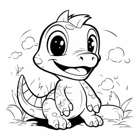 Cute little dinosaur sitting on the grass. Coloring book for chi