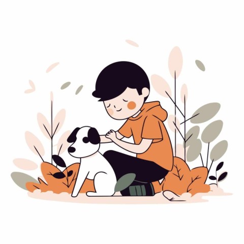 Cute boy playing with dog in the park. flat vector illustration.