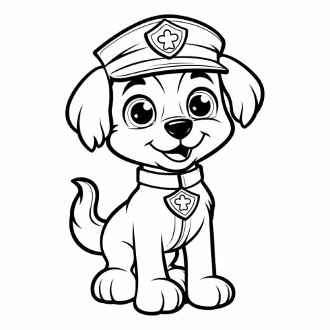 Black and White Cartoon Illustration of Cute Puppy Police Dog Co