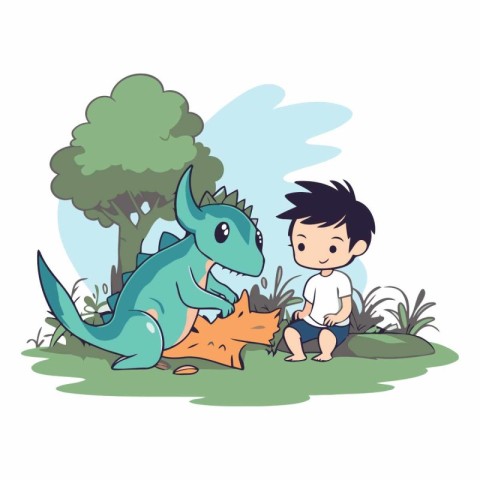 Cute little boy playing with dinosaur in the park.