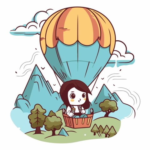 Illustration of a Girl Flying a Hot Air Balloon in the Mountains