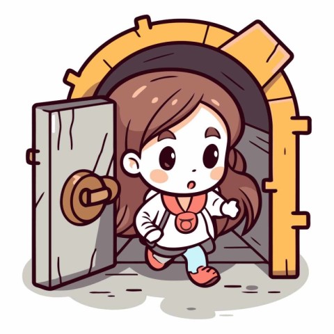 Illustration of a Kid Girl Opening a Door to a Entrance