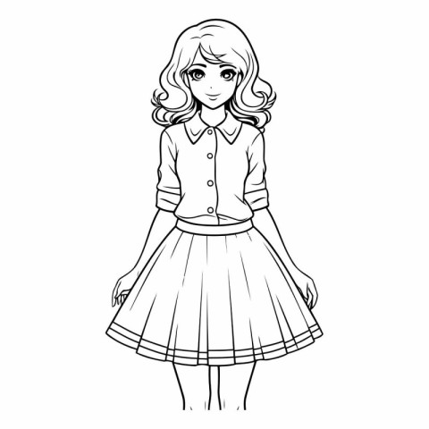 Cute girl in skirt and blouse in sketch style.