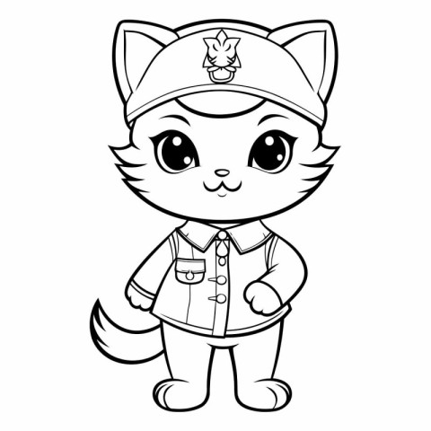 Black and White Cartoon Illustration of Cute Cat Captain Charact